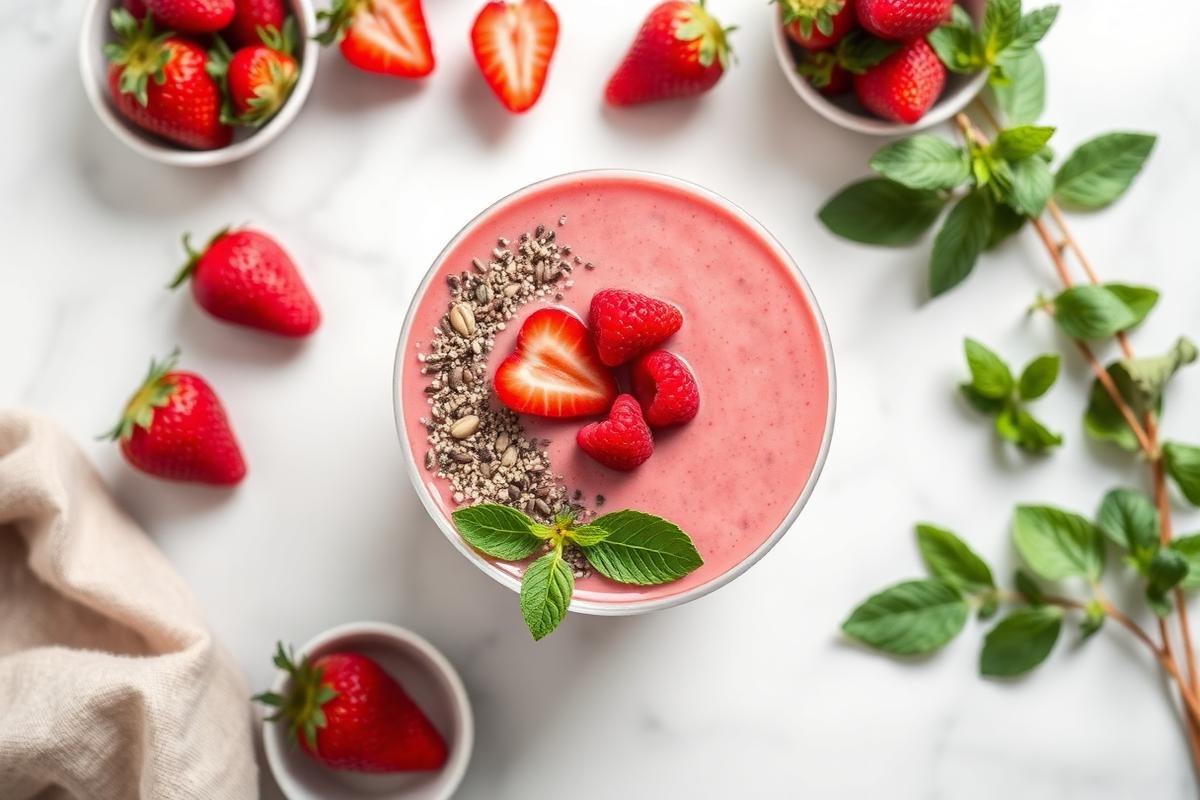 Bowl de proteína rosa com morangos, framboesas, chia e hortelã sobre mesa de mármore branco