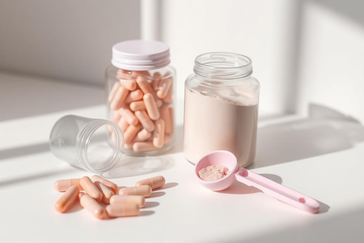Potes de vidro com cápsulas e proteína em pó ao lado de um dosador rosa sobre superfície branca